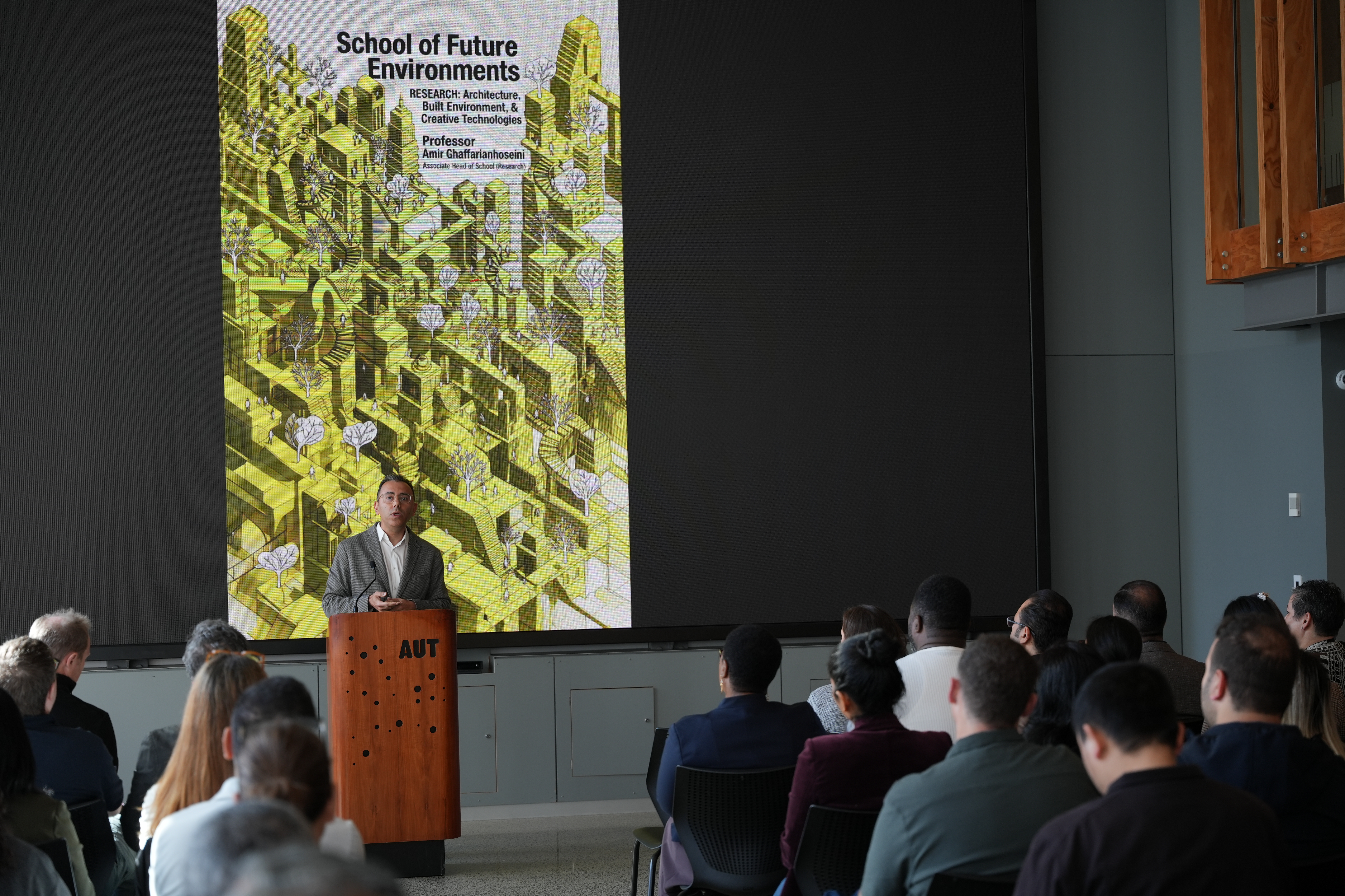 Professor Amir Ghaffarianhoseini presenting at AUT Research Week 2026