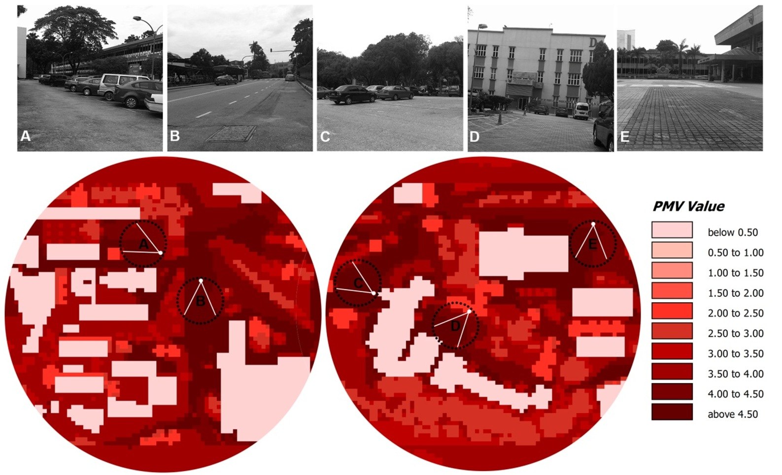 Where the tropical campus is hardest to bear: PMV thermal comfort maps from ENVI-met for the University of Malaya campus in Kuala Lumpur, with photographs of the measured spots. The hottest areas share a pattern: asphalt ground and parking areas, open to the sun, with no trees. From Amir's SimAUD 2017 presentation; published in Science of the Total Environment (2019).