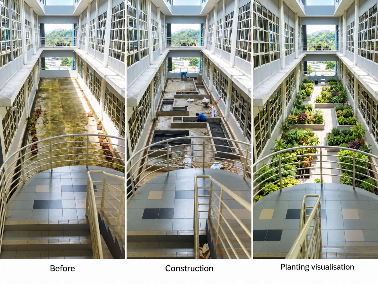 AI-assisted planting visualisation based on project photographs; the right-hand panel illustrates fuller planting. Source photographs: Hazreena Hussein, Therapeutic Gardens in Malaysia (2019).